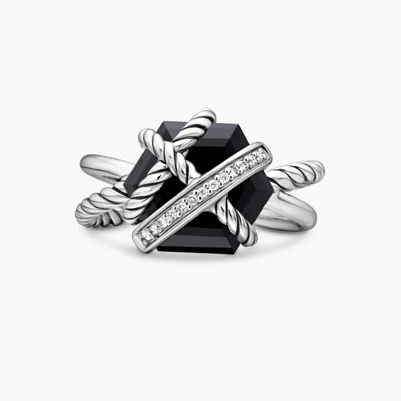 David Yurman cable wrap ring - sterling silver with black onyx and diamonds - Picture 2 of 5